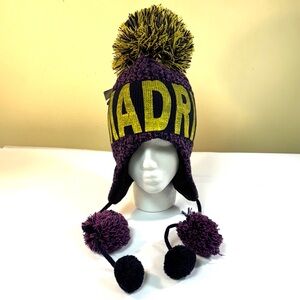 Purple, Black & Yellow MADRID Knit Pom Pom Beanie w Earflaps & Fleece Lining NWT